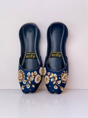 GULZAAR – Deep Persian Blue Khussa with Gold-White Floral Embroidery and Regal Beadwork