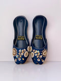 GULZAAR – Deep Persian Blue Khussa with Gold-White Floral Embroidery and Regal Beadwork