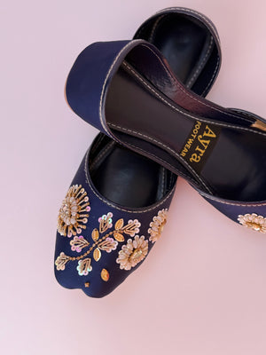 GULZAAR – Deep Persian Blue Khussa with Gold-White Floral Embroidery and Regal Beadwork