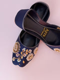 GULZAAR – Deep Persian Blue Khussa with Gold-White Floral Embroidery and Regal Beadwork