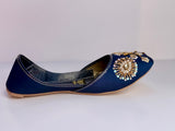 GULZAAR – Deep Persian Blue Khussa with Gold-White Floral Embroidery and Regal Beadwork