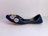 GULZAAR – Deep Persian Blue Khussa with Gold-White Floral Embroidery and Regal Beadwork