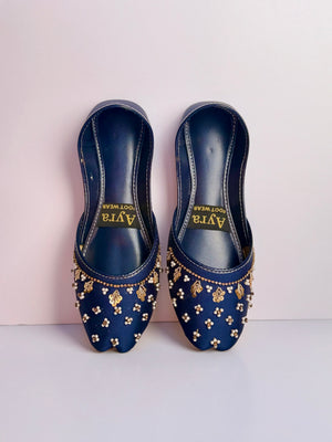 SITARAY – Sapphire Khussa with Beaded Floral Embellishments and Marigold Accents