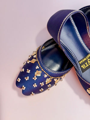 SITARAY – Sapphire Khussa with Beaded Floral Embellishments and Marigold Accents