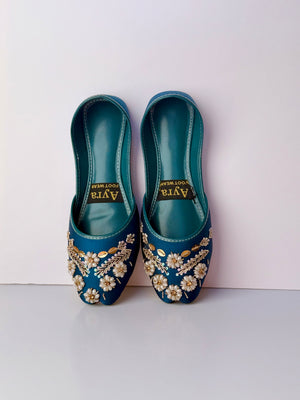 SURKHAAB – Peacock Teal Khussa with Gold Embroidery and Delicate Beaded Highlights