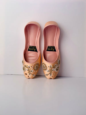 GULZAAR – Silk Rose Khussa with Gold-White Floral Embroidery and Regal Beadwork