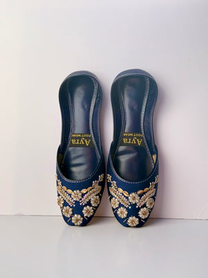SURKHAAB – Midnight Blue Khussa with Gold Embroidery and Delicate Beaded Highlights
