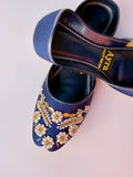SURKHAAB – Midnight Blue Khussa with Gold Embroidery and Delicate Beaded Highlights