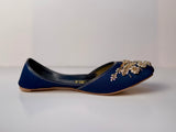 SURKHAAB – Midnight Blue Khussa with Gold Embroidery and Delicate Beaded Highlights