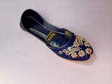 SURKHAAB – Midnight Blue Khussa with Gold Embroidery and Delicate Beaded Highlights