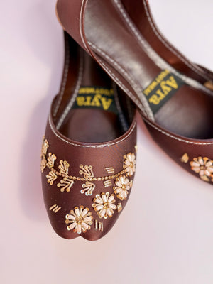 GULBAHAAR – Mocha Khussa with Soft Gold & Pearl Detailing