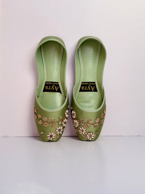 GULBAHAAR – Matcha Khussa with Soft Gold & Pearl Detailing