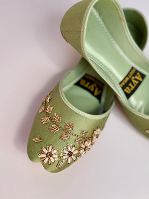 GULBAHAAR – Matcha Khussa with Soft Gold & Pearl Detailing