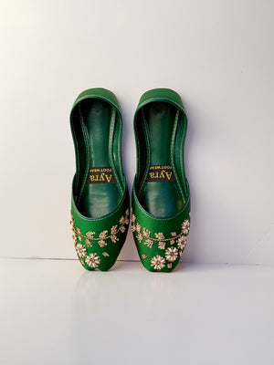 GULBAHAAR – Moss Green Khussa with Soft Gold & Pearl Detailing