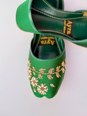 GULBAHAAR – Moss Green Khussa with Soft Gold & Pearl Detailing
