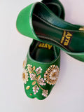 GULZAAR – Emerald Khussa with Gold-White Floral Embroidery and Regal Beadwork