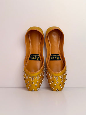 SITARAY – Honey Gold Khussa with Beaded Floral Embellishments and Marigold Accents