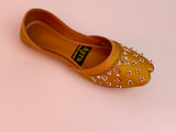 SITARAY – Honey Gold Khussa with Beaded Floral Embellishments and Marigold Accents