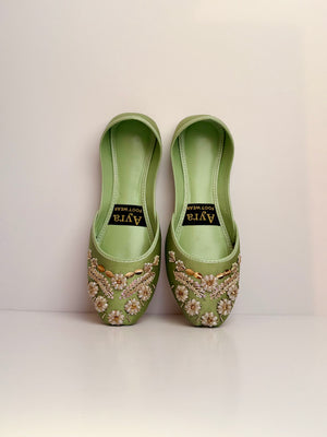 SURKHAAB – Pistachio Mist Khussa with Gold Embroidery and Delicate Beaded Highlights