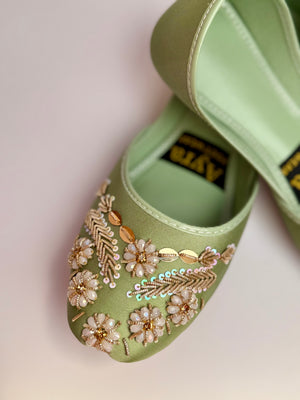 SURKHAAB – Pistachio Mist Khussa with Gold Embroidery and Delicate Beaded Highlights