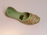 SURKHAAB – Pistachio Mist Khussa with Gold Embroidery and Delicate Beaded Highlights