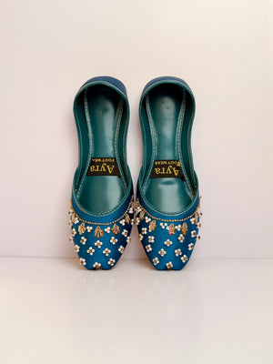 SITARAY – Tiffany Blue Khussa with Beaded Floral Embellishments and Marigold Accents