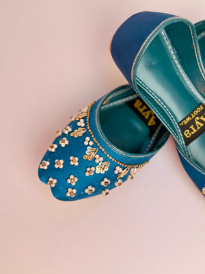SITARAY – Tiffany Blue Khussa with Beaded Floral Embellishments and Marigold Accents