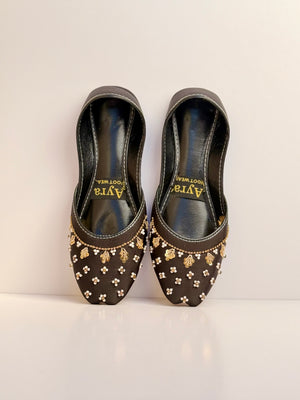 SITARAY – Noir Khussa with Beaded Floral Embellishments and Marigold Accents