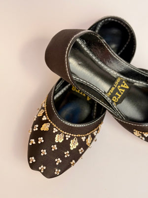SITARAY – Noir Khussa with Beaded Floral Embellishments and Marigold Accents
